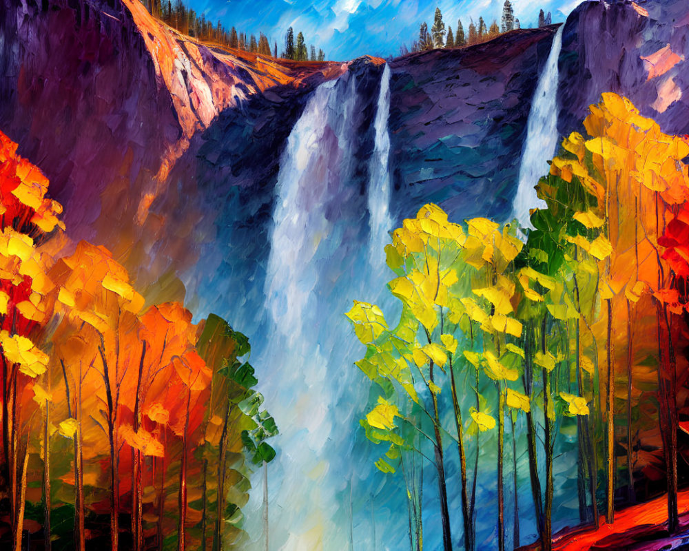 Vibrant autumn waterfall painting with rocky cliffs