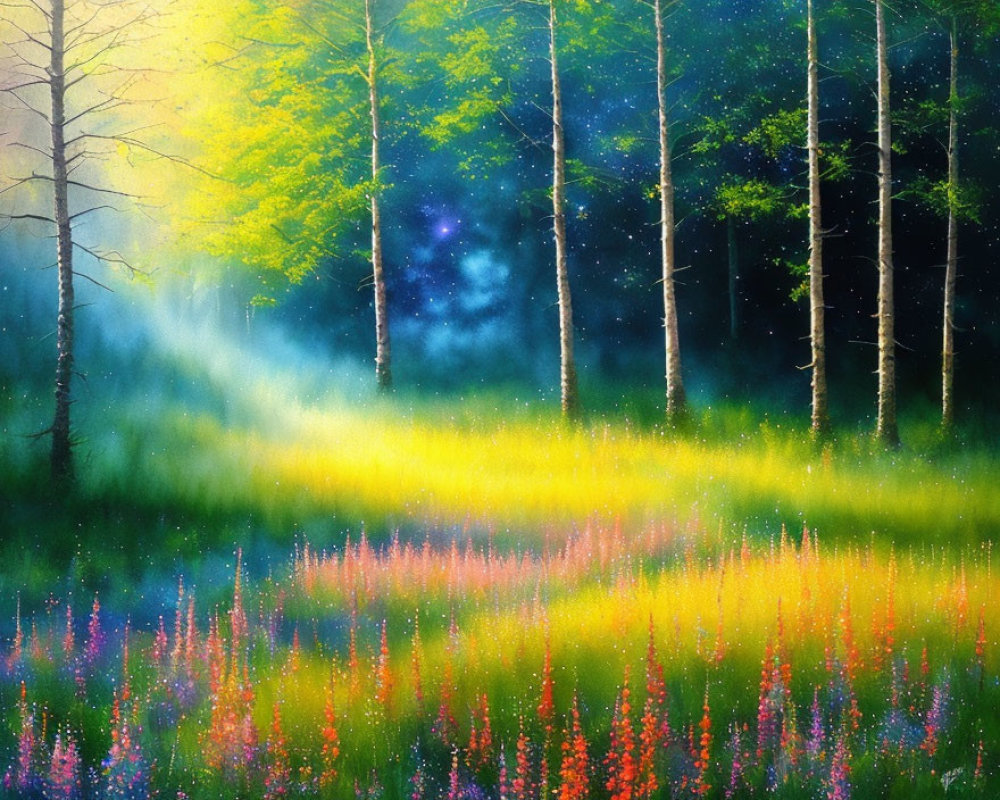 Colorful wildflowers in a sunlit forest clearing
