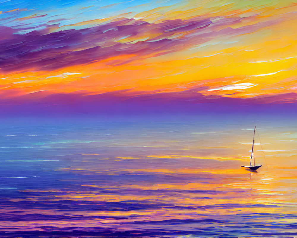 Colorful Sunset Seascape with Sailboat on Calm Waters