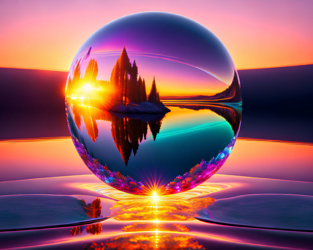 Colorful Landscape with Crystalline Sphere Reflecting Sunset and Lake