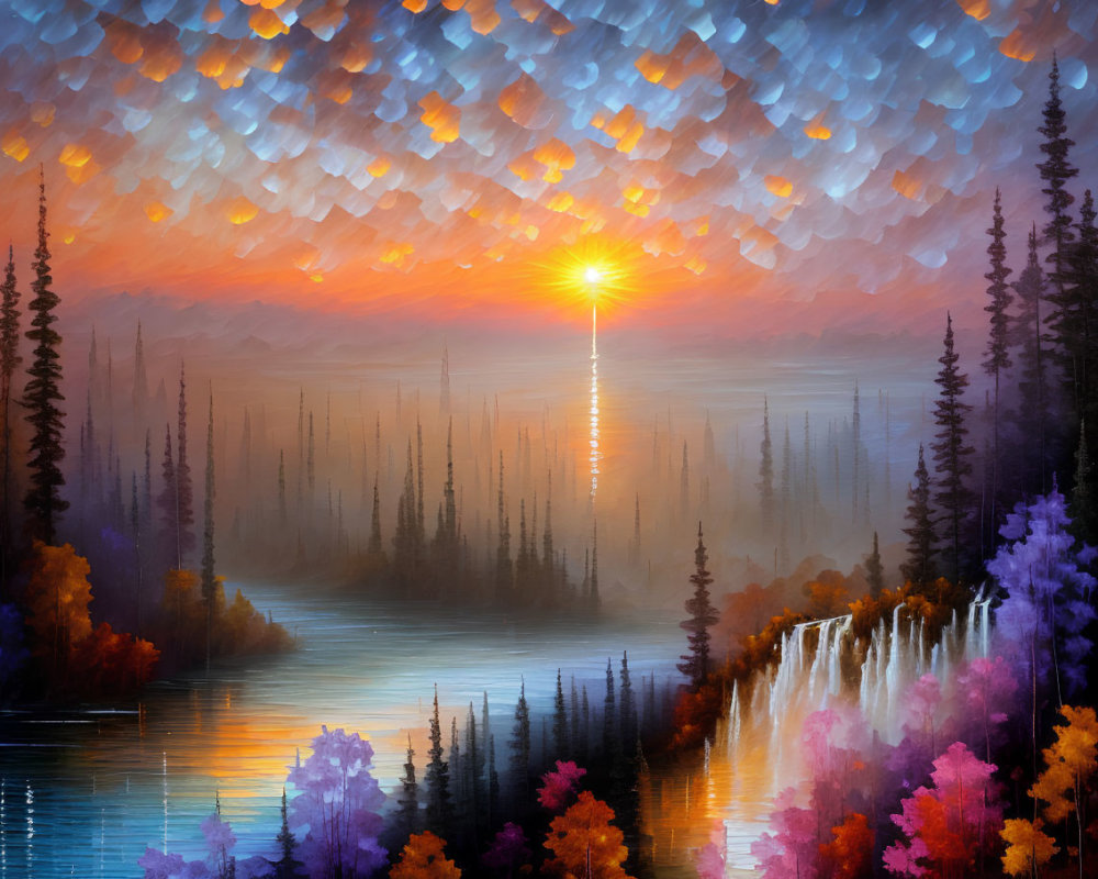 Scenic sunset painting with waterfall, lake, and autumn trees
