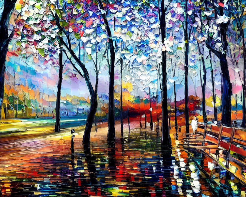 Vivid impressionistic painting of blossoming park with figure and water