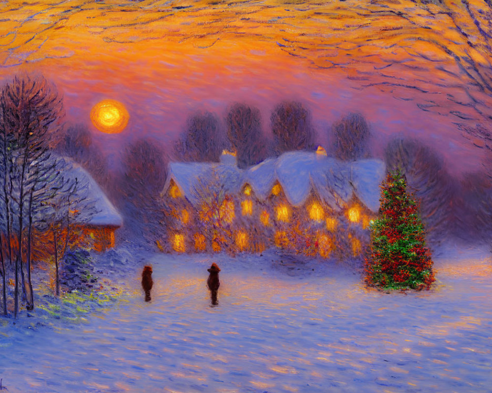 Winter evening with snowy cottage, walking couple, Christmas trees, and moonlit sky.