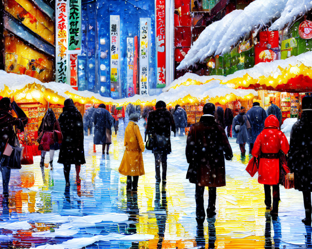 Snowy Street with Colorful Shops and Neon Signs on Wet Pavement