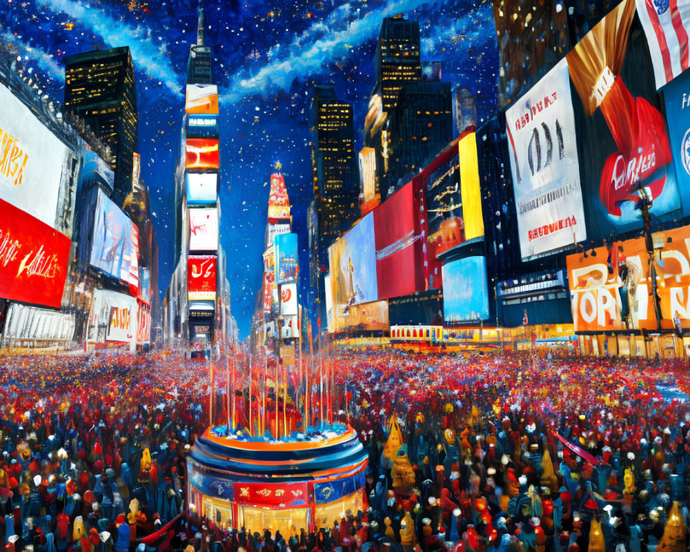 Colorful Times Square painting with bustling crowd and illuminated billboards