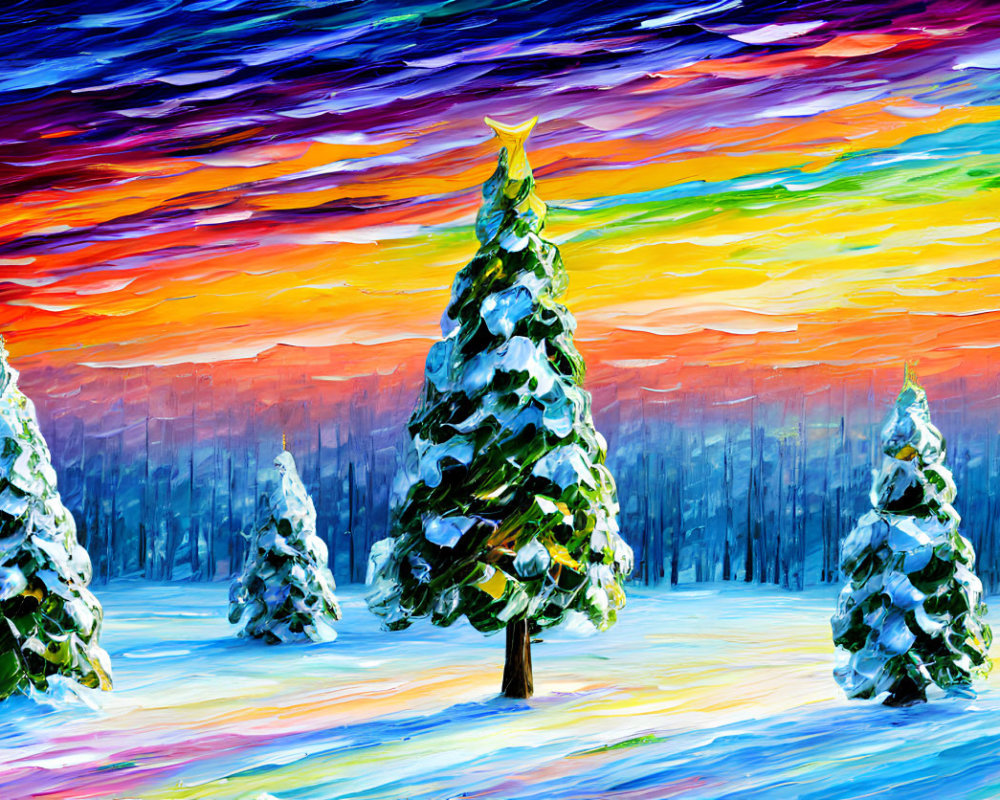 Vibrant pink, blue, and yellow sky over snowy evergreens with a star on top