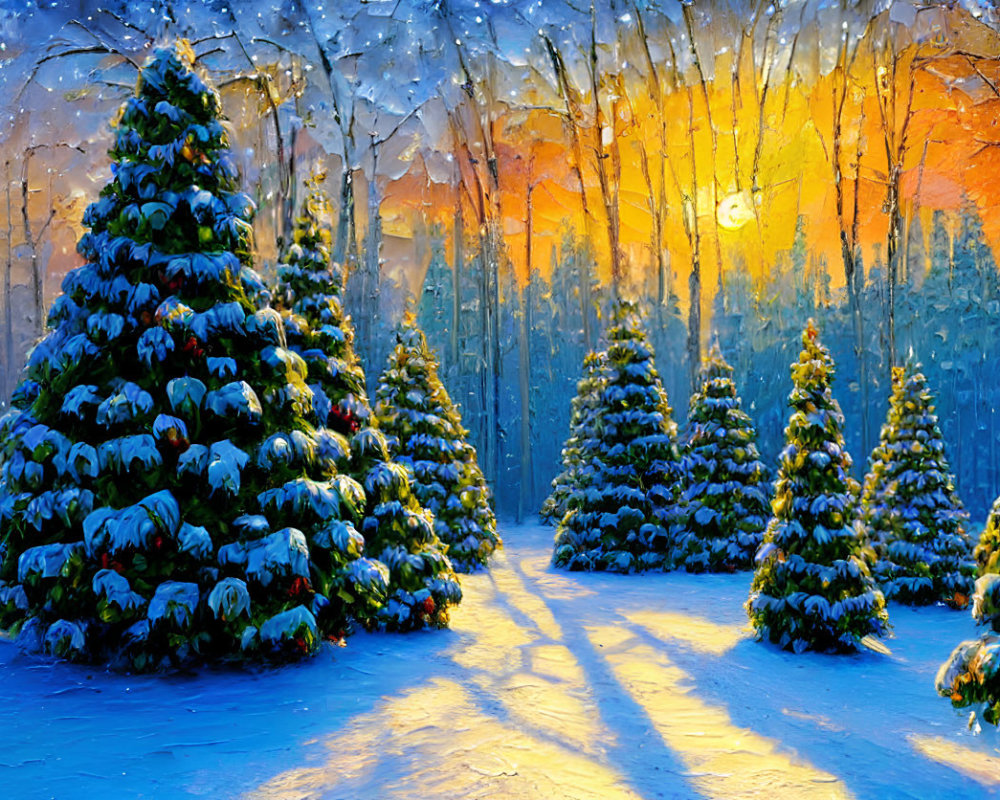 Vibrant forest scene: snow-covered pine trees at sunset
