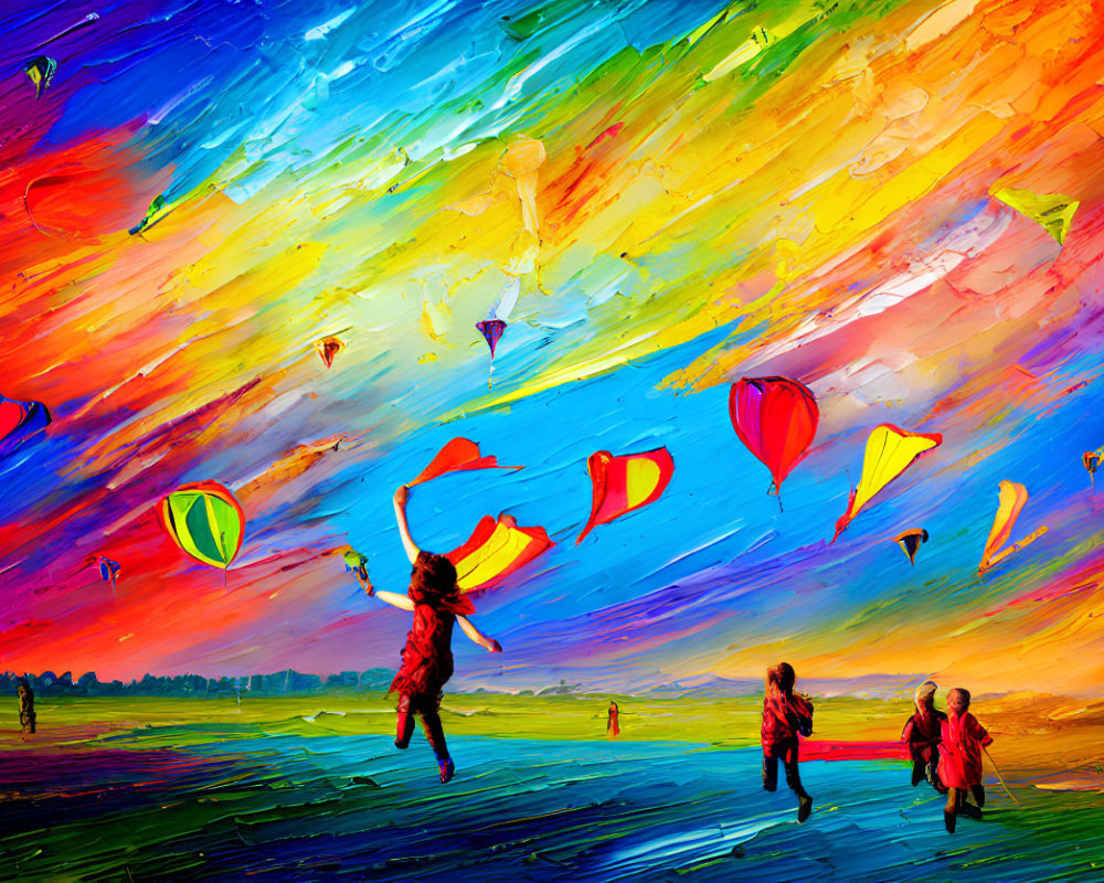 Colorful sky with hot air balloons and kites in vibrant painting
