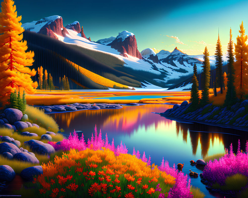 Scenic landscape with tranquil lake, colorful flora, mountains, and golden-lit forest