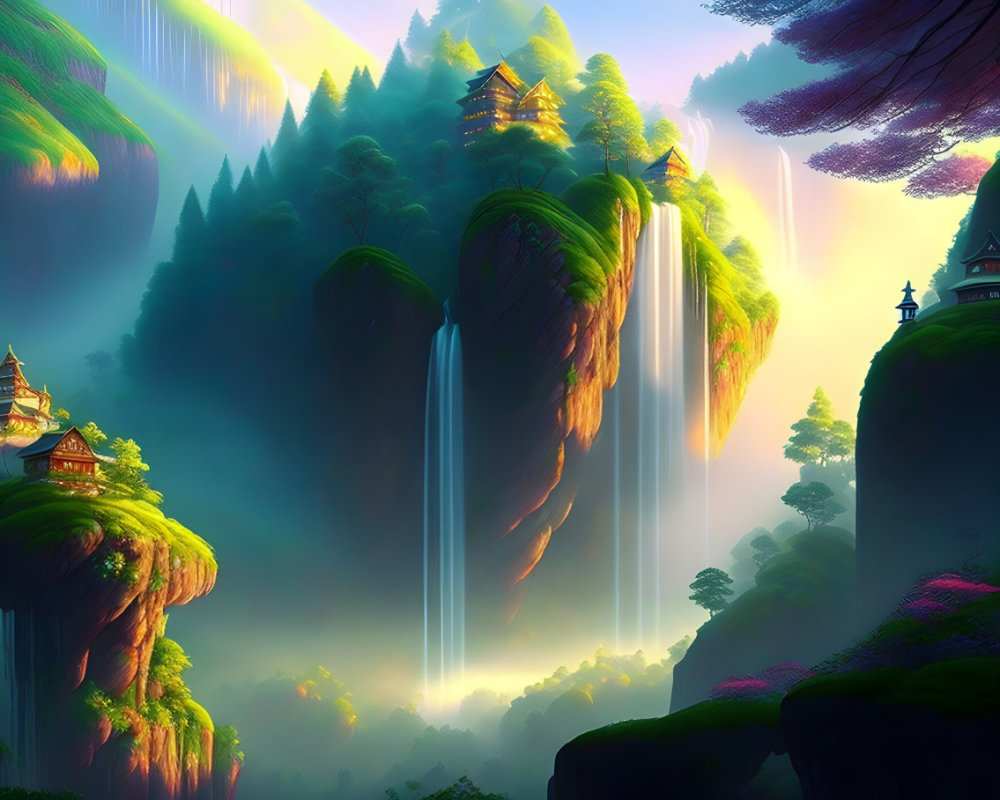 Mystical Asian-style landscape with waterfalls and lush greenery