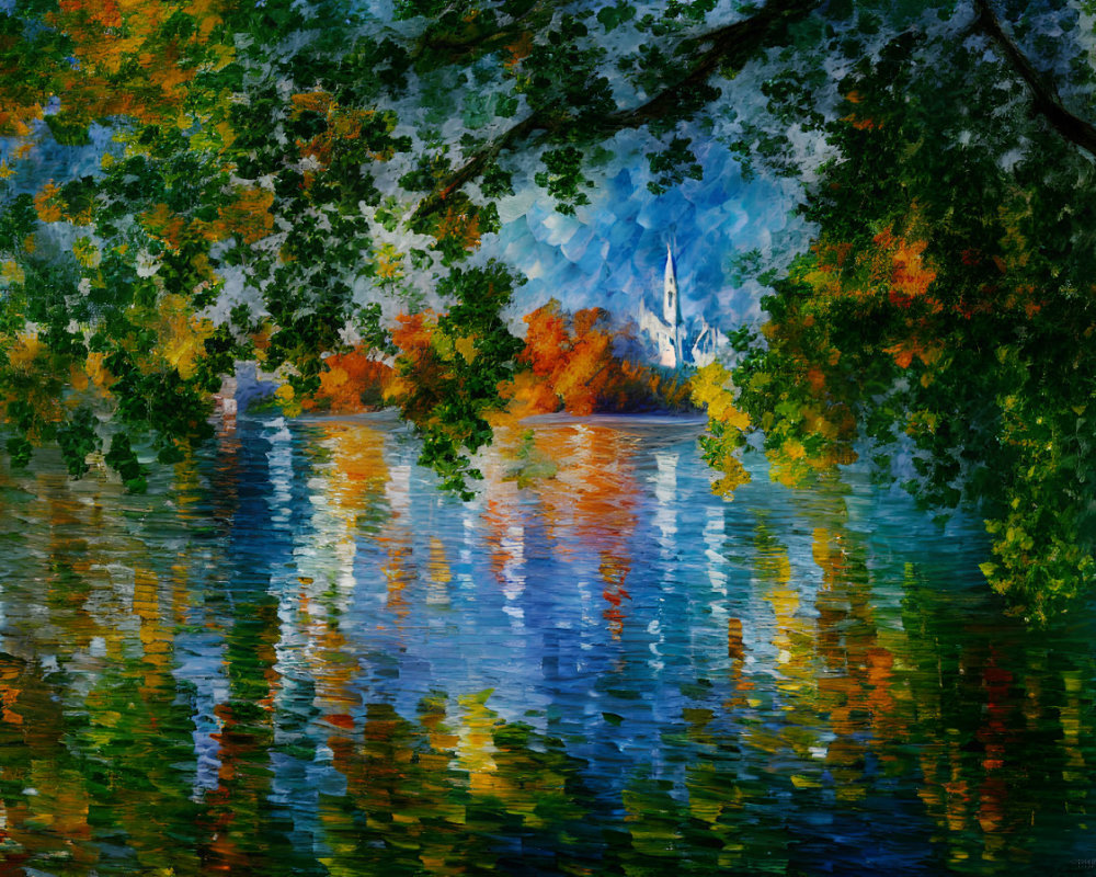 Autumn landscape painting with reflective lake and white spire glimpsed.