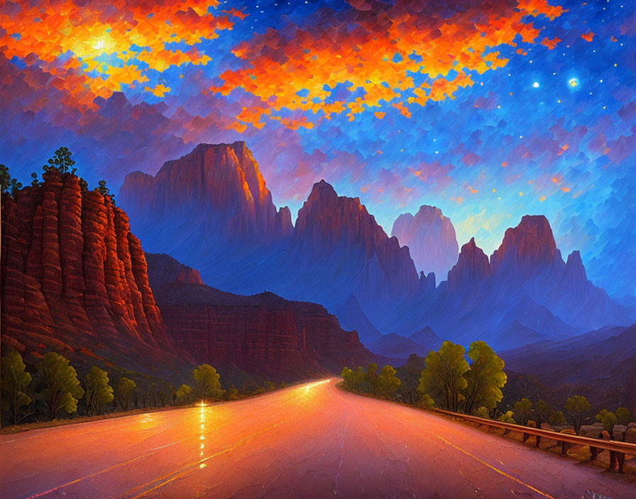 Colorful painting of road through red rocky mountains under starry sky