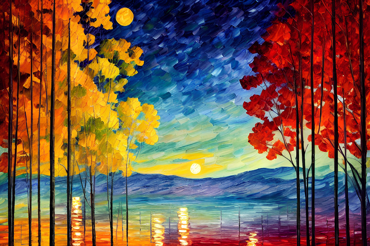 Colorful Forest Painting with Blue and Yellow Skies and Autumn Trees