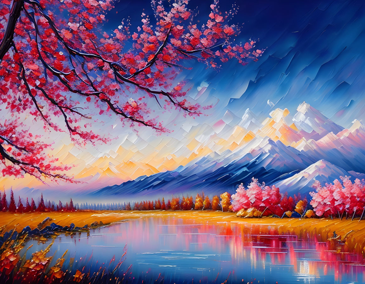 Serene landscape painting with cherry blossoms, lake, and mountains