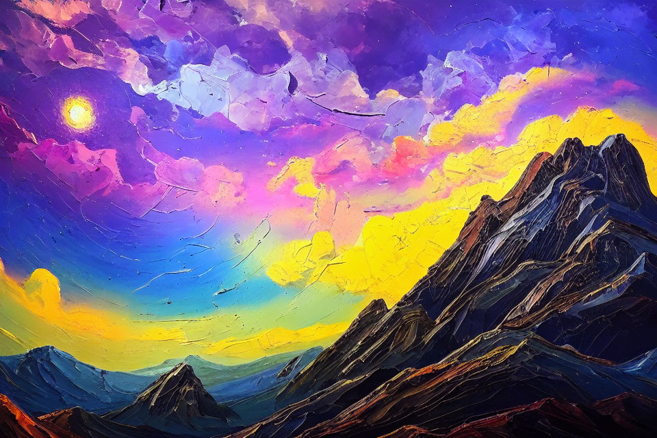 Colorful painting of mountain peaks under dramatic sky with sun and birds.