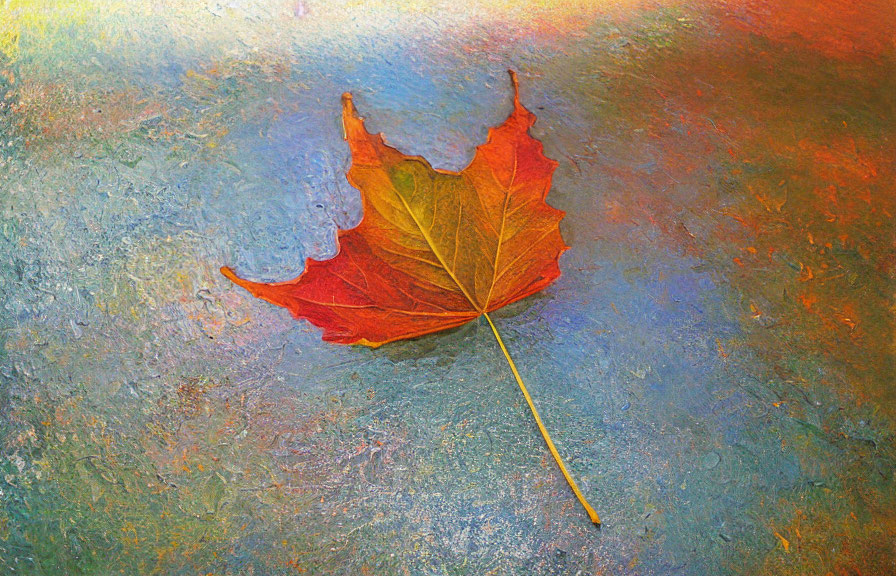 Vibrant red maple leaf on textured surface with blue, green, and amber gradient