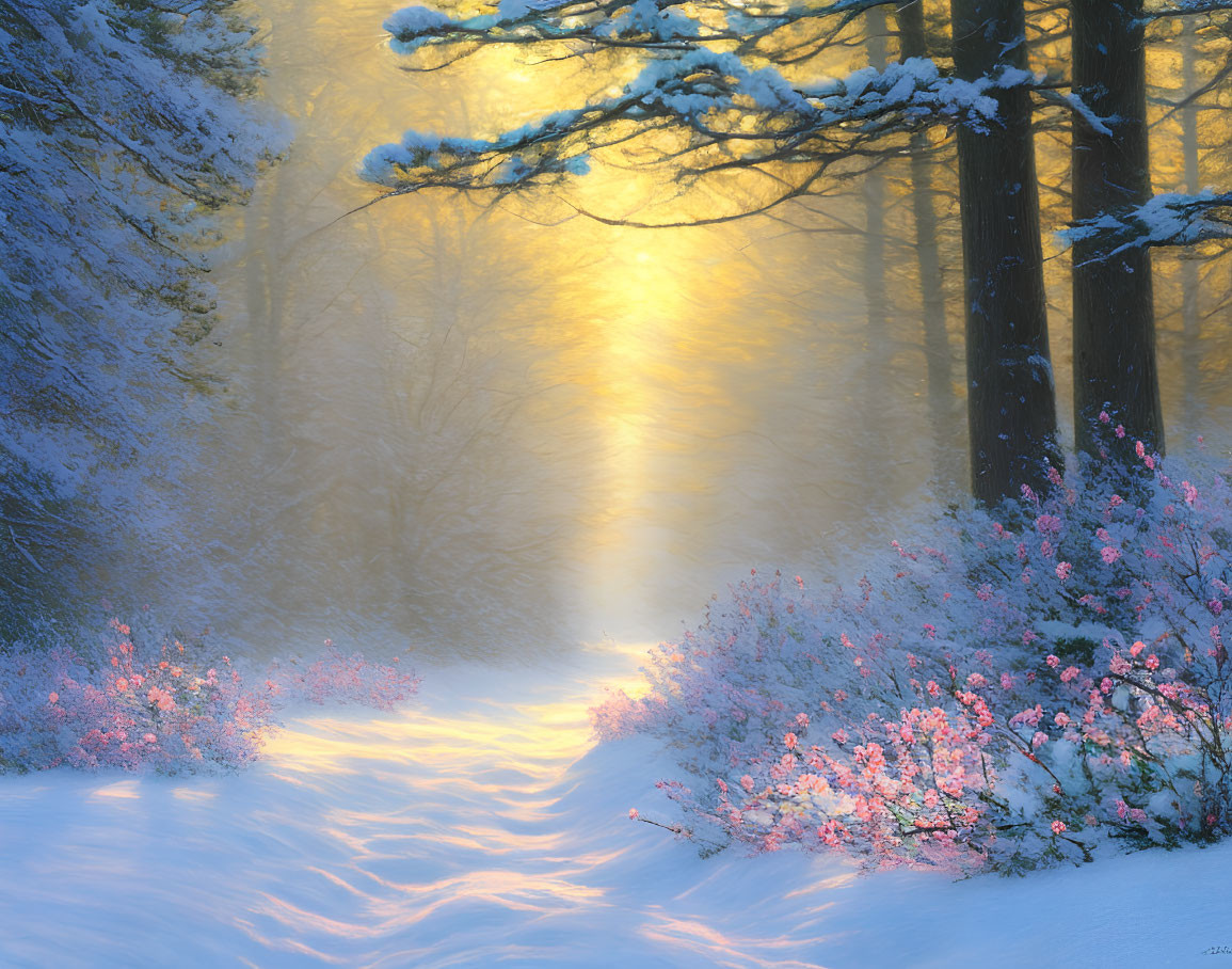 Winter forest scene with sunlight on snow-covered trees