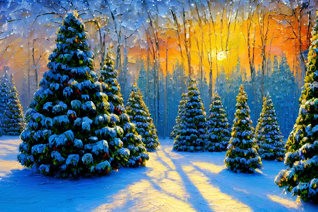 Vibrant forest scene: snow-covered pine trees at sunset