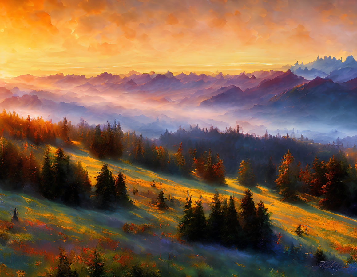 Colorful sunrise landscape with rolling hills, lush greenery, and distant mountains
