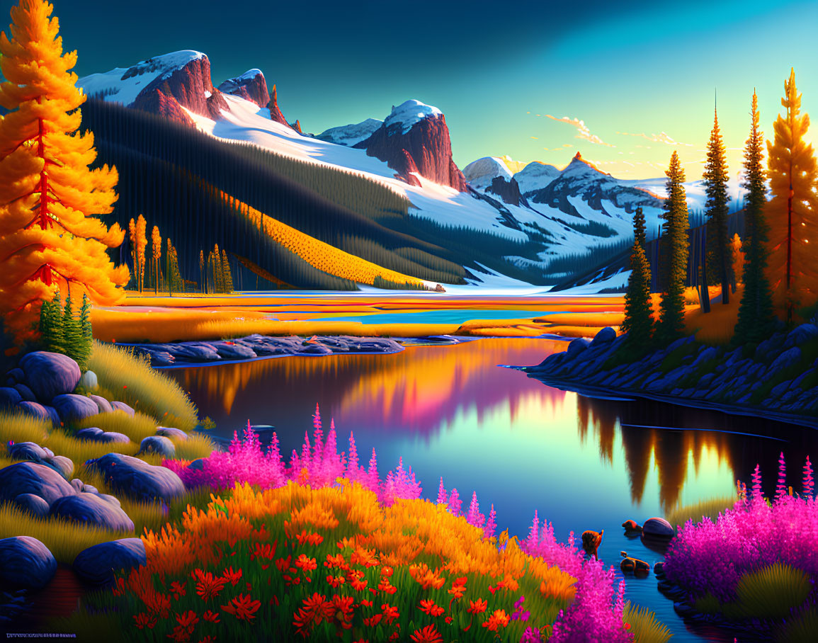 Scenic landscape with tranquil lake, colorful flora, mountains, and golden-lit forest