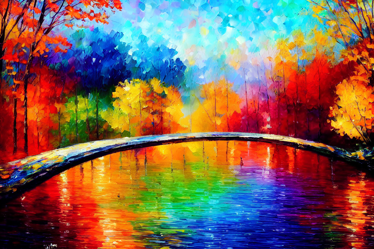 Colorful Autumn Landscape with Bridge over Reflective River
