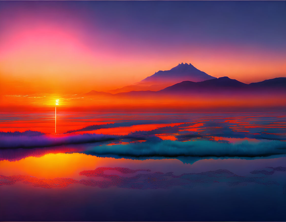 Colorful sunset over serene lake with purple and orange hues reflecting on mountains.