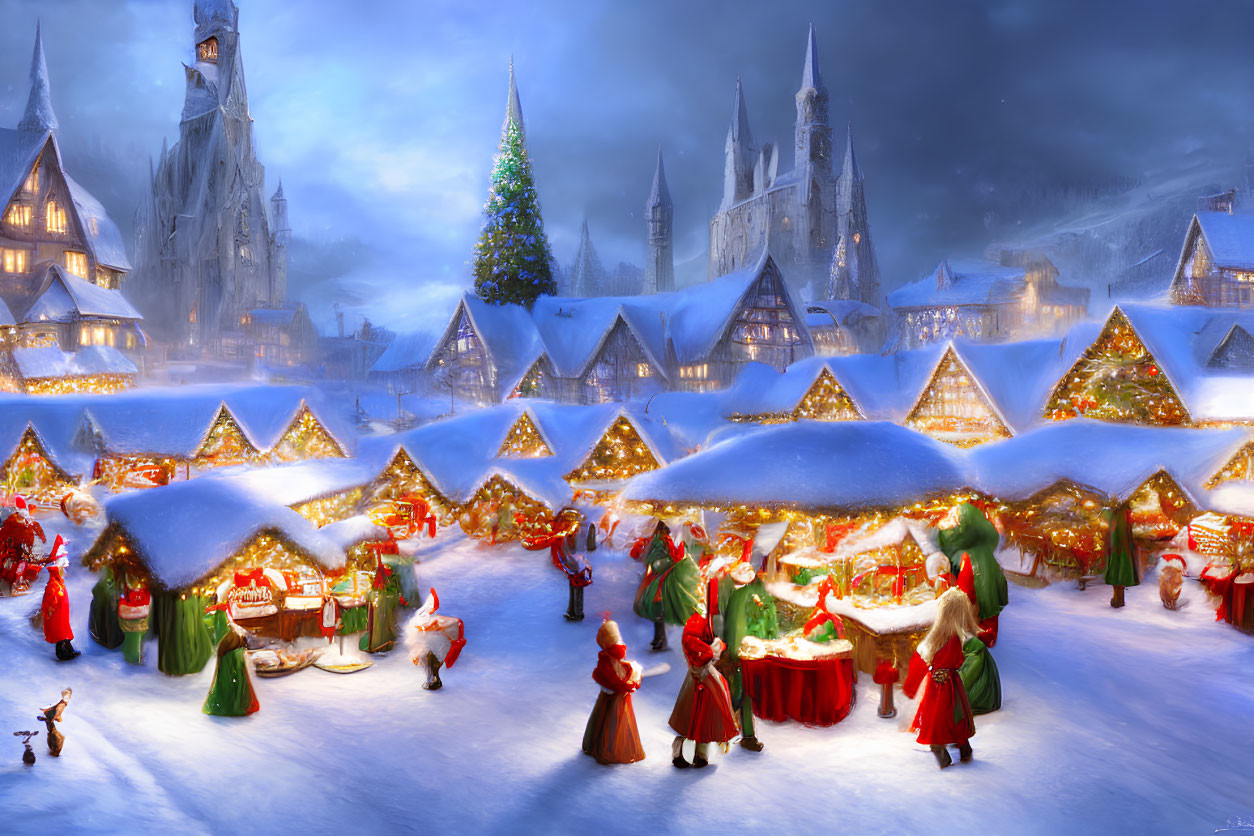 Snow-covered cottages, Christmas market, holiday-goers, and cathedral in winter scene