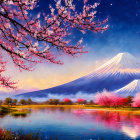 Serene landscape painting with cherry blossoms, lake, and mountains