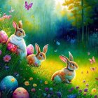 Colorful Easter rabbits in magical forest with eggs & flowers