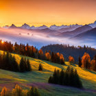 Colorful sunrise landscape with rolling hills, lush greenery, and distant mountains