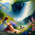 Woman relaxing by waterfall surrounded by flowers and butterflies