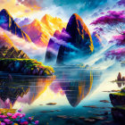 Majestic mountain landscape with reflective lake and purple foliage at twilight