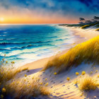 Colorful sunset beachscape with rolling waves, golden sand dunes, and dramatic sky.