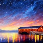 Twilight scene: Lakeside houses, starry sky, mountains, tranquil reflections