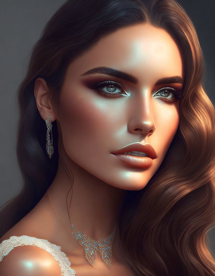 Woman with Striking Makeup and Jewelry on Muted Background