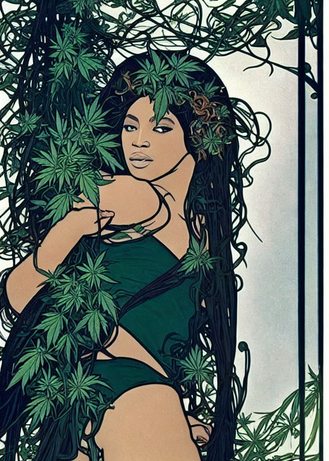 Illustration of woman with leaves in hair and cannabis branches on art nouveau background