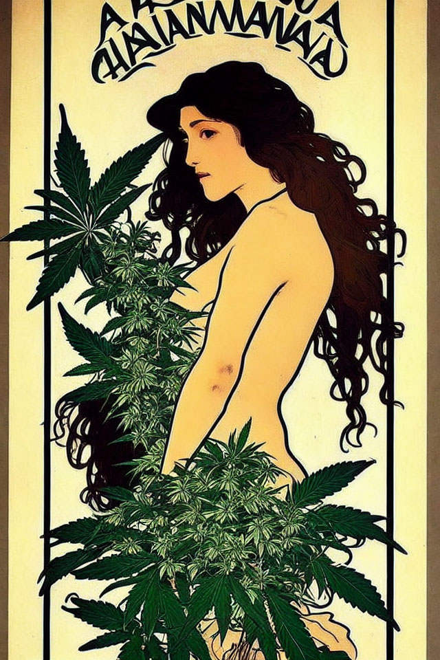 Art Nouveau-style woman with cannabis leaves in hair on pale yellow background