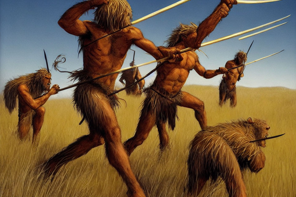 Prehistoric humans hunting large boar with spears in grassy field
