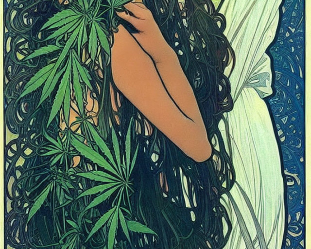 Art Nouveau Woman Illustration with Long Hair and Cannabis Leaves