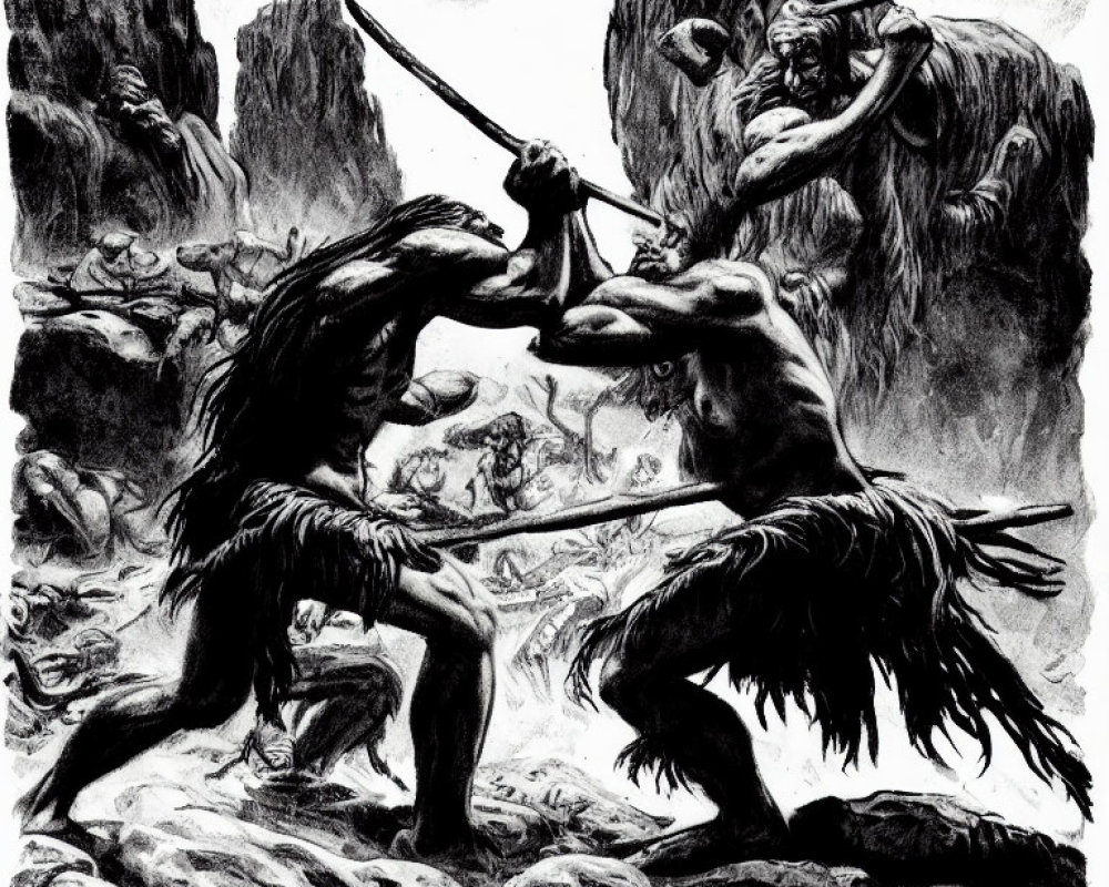 Mythological creatures in combat on rugged terrain