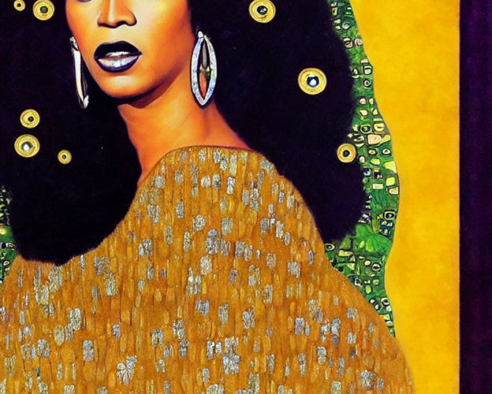 Colorful portrait of a woman in golden attire with a captivating gaze on a vibrant background