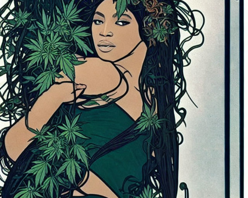 Illustration of woman with leaves in hair and cannabis branches on art nouveau background