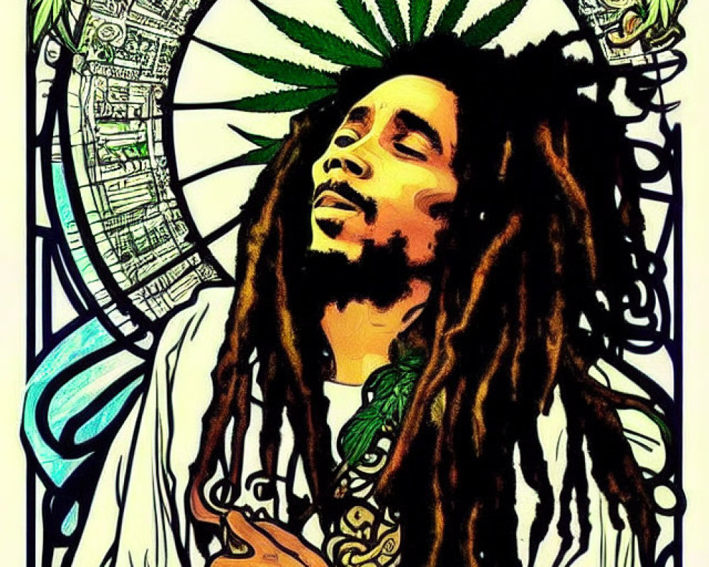 Colorful portrait of a man with dreadlocks and cannabis leaves against Rastafarian-themed backdrop