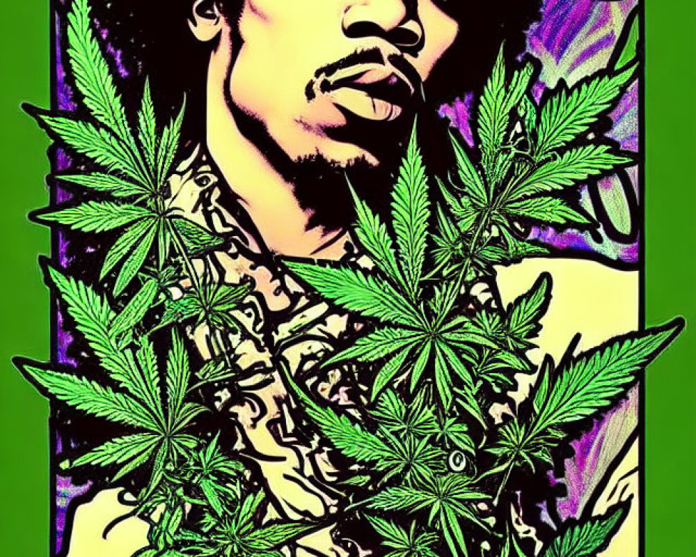 Colorful Pop Art Poster with Afro and Cannabis Leaves on Purple Background