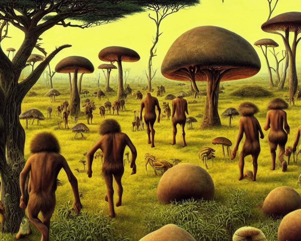 Surreal landscape with humanoid figures, large mushrooms, and sparse trees under a yellowish sky