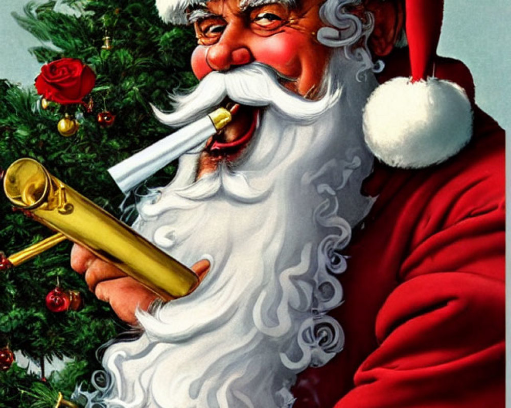 Illustration of Santa Claus with mischievous smile and pipe near Christmas tree and cannabis leaf.