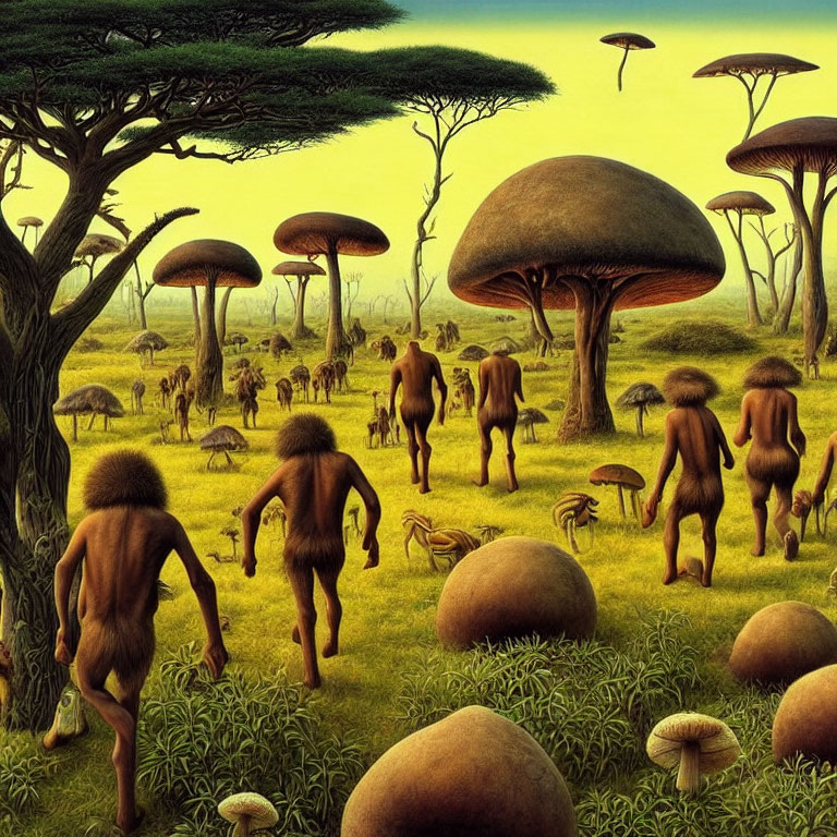 Surreal landscape with humanoid figures, large mushrooms, and sparse trees under a yellowish sky