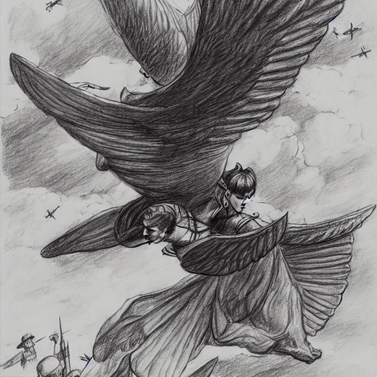 Detailed pencil sketch of two winged figures soaring in sky surrounded by clouds and birds
