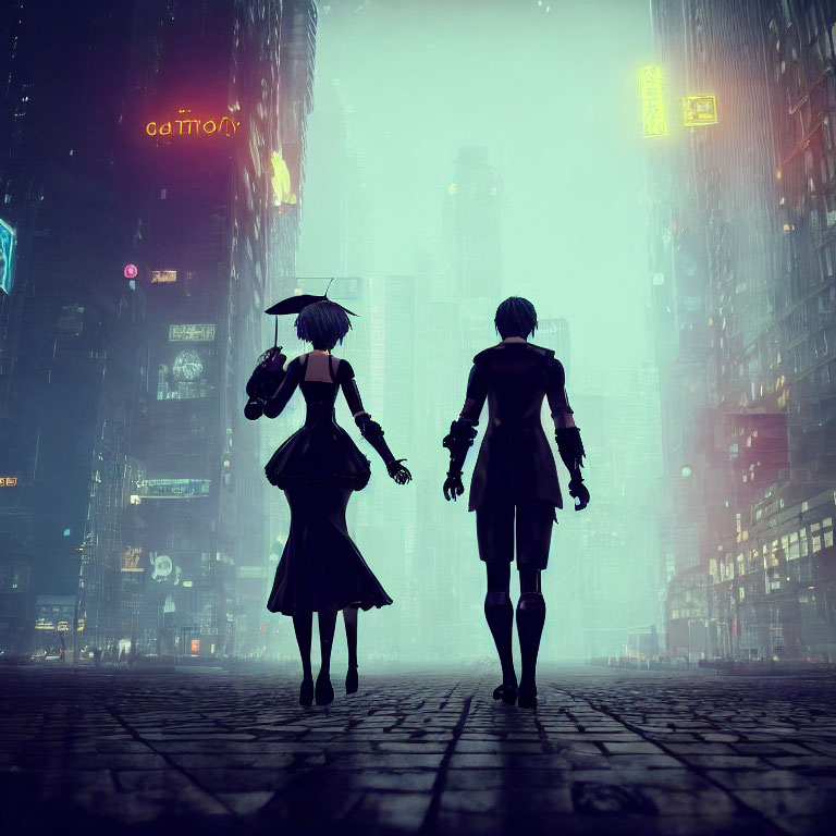Silhouetted figures holding hands in rainy neon-lit cityscape