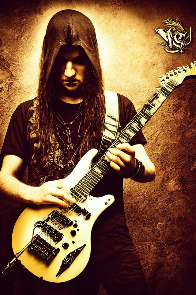 Long-haired person in black outfit with white electric guitar on brown textured background